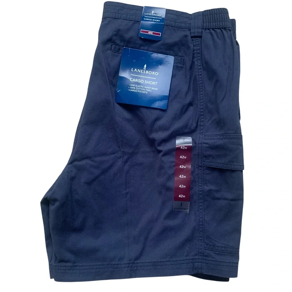 Lanesboro Navy Blue Cargo Shorts Cotton Twill Pockets Elastic Sides Men’s 42W